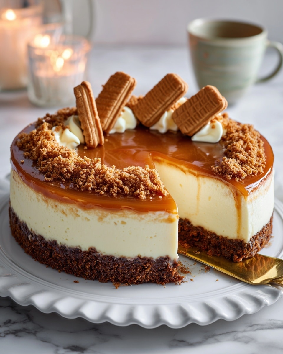 The image shows a round, three-layered cheesecake on a white plate with ridged edges. The bottom layer is thick and made of crumbly, dark brown cookie crust that also forms the tall sides. The middle layer is a thick, creamy white cheesecake filling. The top layer is a smooth, shiny caramel-colored glaze. The cake is decorated with whole rectangular caramel cookies around the edge on top, and crumbled cookie crumbs scattered mostly on one side. A slice is cut and lifted slightly with a gold spatula, revealing the layers clearly. The background has a soft white marbled texture, with blurred candles and a mug in warm brown tones behind the cake. Photo taken with an iphone --ar 4:5 --v 7