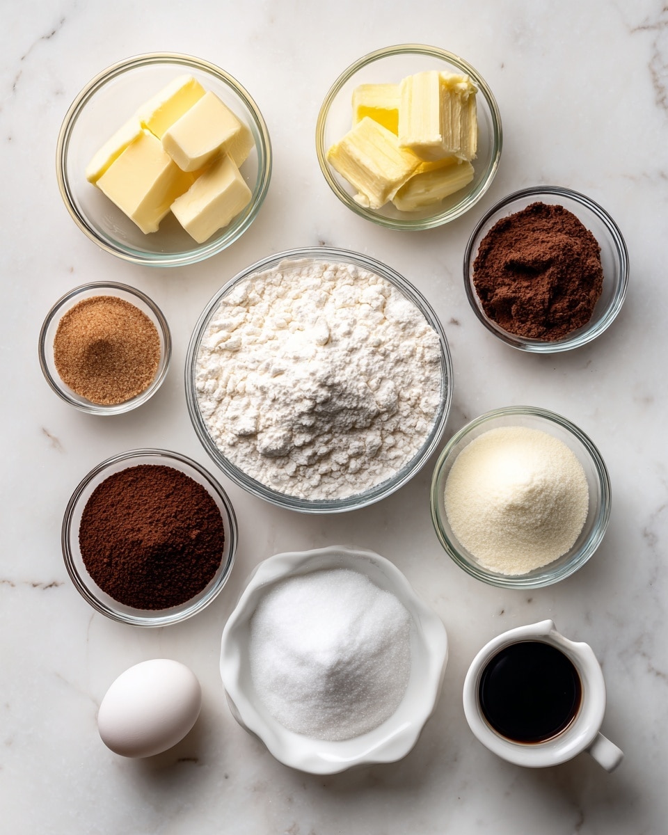The image shows a top view of various baking ingredients neatly arranged on a white marbled surface. In the center is a glass bowl filled with white flour, surrounded by other clear glass bowls holding yellow butter, light brown sugar, white sugar, and cocoa powder. A single white egg is placed in a small glass bowl near the bottom left. There are also two small white dishes containing dark brown coffee powder and a white powder, and a small white cup filled with dark liquid, possibly vanilla extract. Everything is cleanly spaced and well lit, with soft natural light highlighting the textures and colors of the ingredients photo taken with an iphone --ar 4:5 --v 7