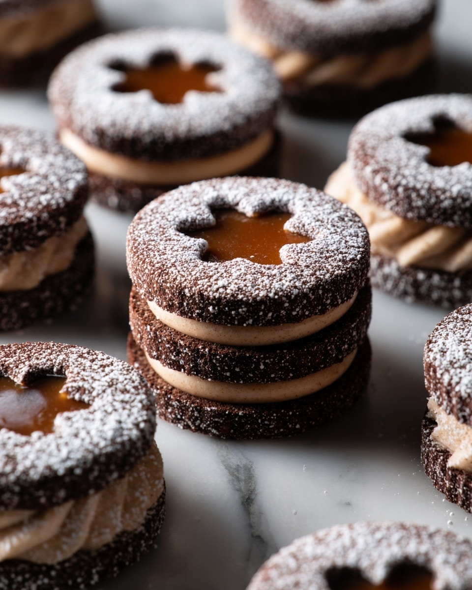 This image shows many round sandwich cookies with three layers. The bottom and top cookie layers are dark brown with scalloped edges and are dusted with either cocoa powder or white powdered sugar. The middle layer is a smooth light caramel color, visible through a small flower-shaped hole in the top cookie. The cookies are arranged on a white marbled surface with some cocoa powder sprinkled around them. The photo taken with an iphone --ar 4:5 --v 7