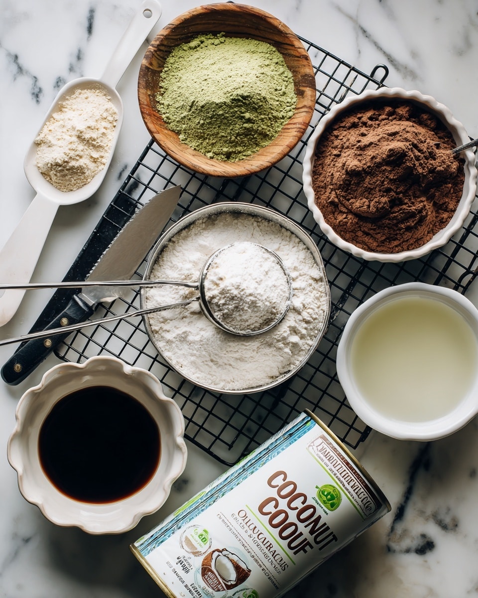 The image shows various baking ingredients placed on a black wire rack over a white marbled surface. At the top left, there is a white measuring spoon filled with green powder resting on the edge of a small round wooden bowl filled with light beige almond flour. Next to it on the right, there is a small white bowl filled with brown cocoa powder. Below these, in the center, there is a metal measuring cup filled with white flour spilling slightly on the wire rack. On the left bottom, there is a white scalloped bowl filled with dark liquid vanilla extract. Next to it on the bottom right, there is an open can of organic coconut milk tilted and lying on its side, showing the label with a coconut image. Beside the can on the right, there is a white bowl filled with clear coconut oil. A butter knife with a black handle lies on the wire rack below the white bowl of oil. Photo taken with an iphone --ar 4:5 --v 7