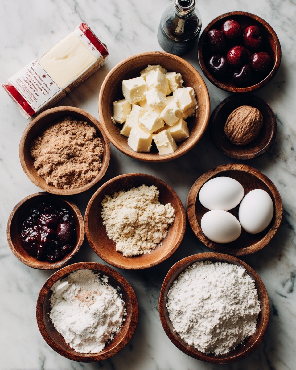 The image shows a white marbled surface with several small wooden bowls arranged loosely. There are nine bowls, each holding different ingredients: a block of butter, white cubes of chopped food, a clear white powder in one, a dark sauce in a small bottle behind the bowls, a bowl with dark red round items resembling cherries, a bowl with a light crumbly brown powder, a bowl with a creamy white grainy mixture, a bowl with two large white eggs, and a red and white rectangular package with text on it partially visible in the upper left corner. A woman's hand is not visible in this scene. The overall look is natural and simple with different textures and colors in each bowl. photo taken with an iphone --ar 4:5 --v 7