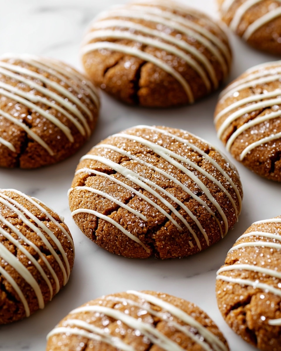 The image shows a close-up view of several round ginger cookies arranged on a white marbled surface. Each cookie has a warm brown color with a cracked texture on top, giving a slightly rough and crumbly look. Thin, diagonal lines of light beige icing are drizzled over each cookie, creating a simple yet decorative pattern. The cookies appear soft with a slight crunch visible from the sugar coating that sparkles gently in the light. There are about two layers of cookies overlapping slightly, filling the frame mostly with the cookies. photo taken with an iphone --ar 4:5 --v 7
