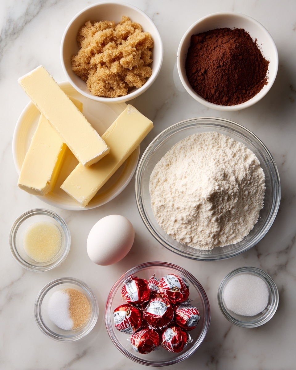 The image shows various baking ingredients arranged in white bowls and clear glass containers on a white marbled surface. In the top row, from left to right, there is a bowl with light brown sugar with a crumbly texture, a bowl with dark brown cocoa powder that looks soft and powdery, and two sticks of butter wrapped in yellow paper. Below these, there is a large bowl filled with white granulated sugar that has a smooth, fine texture. In the middle, there is a clear bowl holding a single white egg. To the right, a small clear bowl is filled with red and white foil-wrapped Hershey's Kisses chocolates. At the bottom, there are small clear containers holding white baking powder, salt, and vanilla extract, each with a distinct texture, such as fine powders and liquid. Photo taken with an iphone --ar 4:5 --v 7