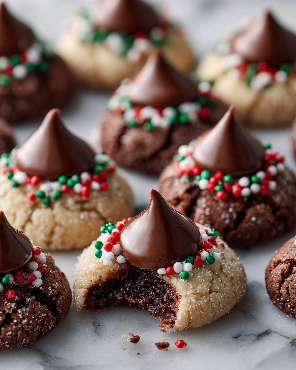 The image shows a close-up of several round chocolate thumbprint cookies arranged on a white marbled surface. Each cookie has a deep brown base with a slightly cracked texture. Most of the cookies have a smooth, shiny, milk chocolate kiss placed upright in the center. Some cookies feature a ring of red, white, and green sprinkles around the chocolate kiss, creating a festive look. One cookie is broken in half, revealing a soft, gooey chocolate interior with melted chocolate on top. There is also a cookie with a red and white striped candy kiss in the center. The arrangement is casual, with cookies overlapping slightly. photo taken with an iphone --ar 4:5 --v 7