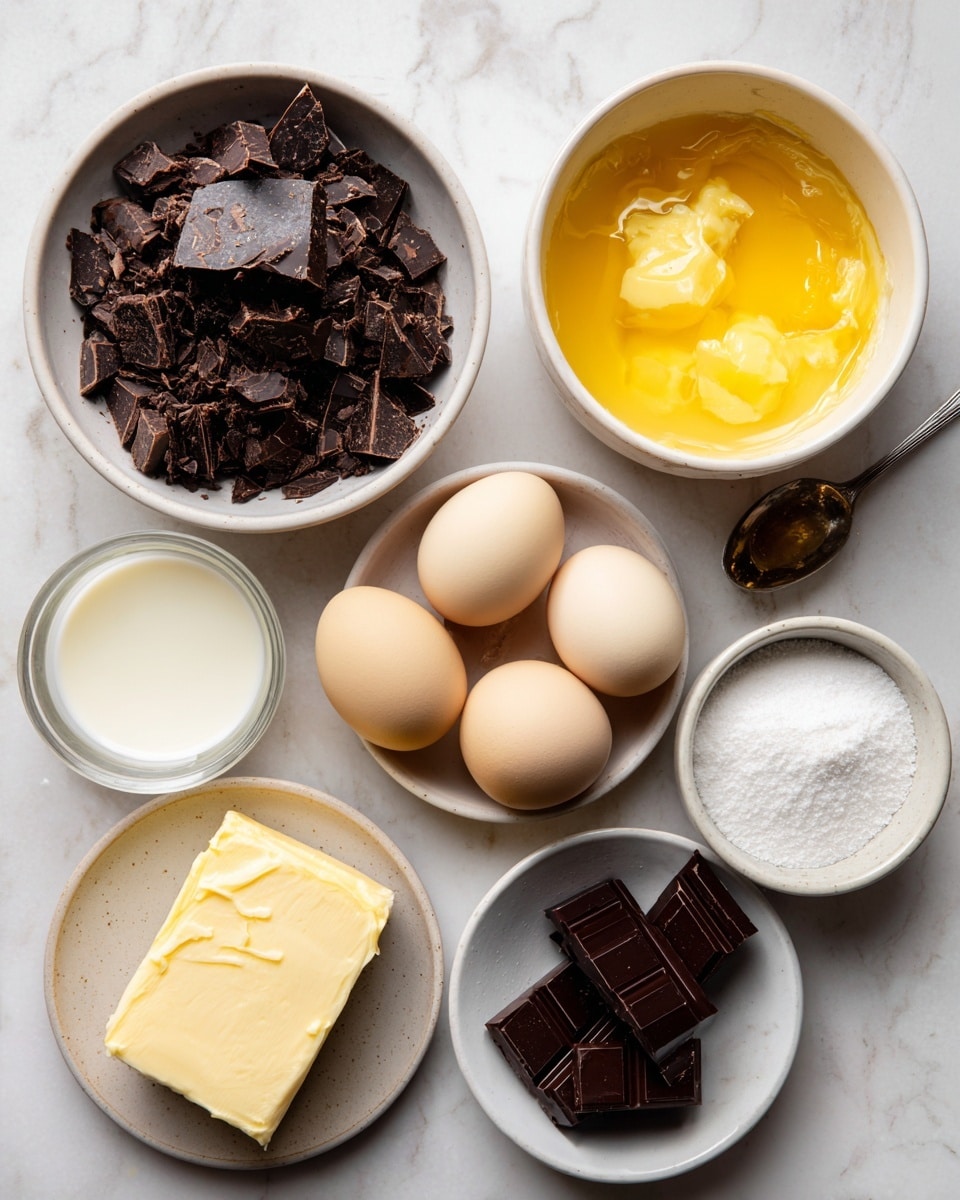 The image shows a collection of white bowls arranged neatly on a white marbled surface. One bowl is filled with crushed dark chocolate chunks, showing rough, uneven pieces in dark brown and black shades. Another bowl contains thick yellow melted butter with a smooth shine. There is a bowl with beige raw eggs, four in total, laying side by side with smooth, shiny shells. A plate holds a chunk of pale yellow butter, rectangular and solid. A bowl with white granulated sugar displays a slightly coarse texture and fine grains. Another small bowl contains cream or milk with a smooth, white liquid inside. A clear glass cup has a small amount of transparent liquid, likely vanilla extract. Lastly, a white bowl holds several chunks of solid dark chocolate. A silver spoon sits next to the sugar bowl, with a woman’s hand partially visible near the top edge of the image. photo taken with an iphone --ar 4:5 --v 7