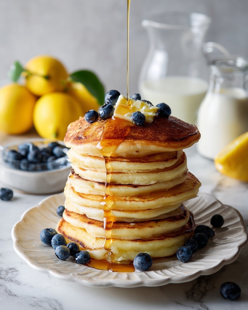 A tall stack of nine golden-brown pancakes sits on a white plate with scalloped edges, each pancake fluffy and slightly uneven in shape. Fresh dark blueberries are scattered on top, between layers, and around the base of the stack, adding bright pops of deep blue color. On the top pancake, a dollop of melted yellow butter slowly spreads. A woman's hand pours amber maple syrup from a small glass jar, with the syrup flowing down the sides, glistening as it drips onto the pancakes and pooling a little on the plate below. In the soft white marbled background, a glass pitcher and a small glass of milk are faintly visible, along with whole and halved lemons providing a fresh yellow contrast. Photo taken with an iphone --ar 4:5 --v 7