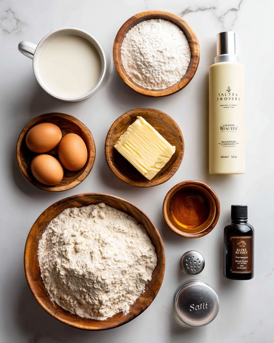 The image shows baking ingredients neatly arranged on a white marbled surface. There is a round wooden bowl filled with light beige flour, positioned at the bottom left. Above it, three brown eggs are placed side by side. To the right of the eggs, there is a small wooden bowl holding a stick of pale yellow butter, and next to it, a round wooden bowl with white flour. Above these, a white cup filled with creamy milk appears on the far left, and beside it, a small white bowl containing brown liquid, likely vanilla extract. On the right side, a tall white bottle of avocado oil spray stands upright. At the bottom right, there is a glass salt shaker with a silver lid labeled