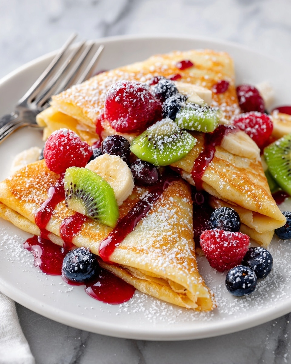 Two thin light brown folded crepes lie side by side on a white plate, each topped with a mix of fresh fruit pieces including green kiwi slices, red raspberries, blue blueberries, and pale yellow banana chunks. Bright red strawberry sauce is drizzled over the crepes and fruit, with a light dusting of white powdered sugar spread over the top. Scattered fruit pieces sit on the plate around the crepes, and a silver fork rests nearby on the white marbled surface. photo taken with an iphone --ar 4:5 --v 7