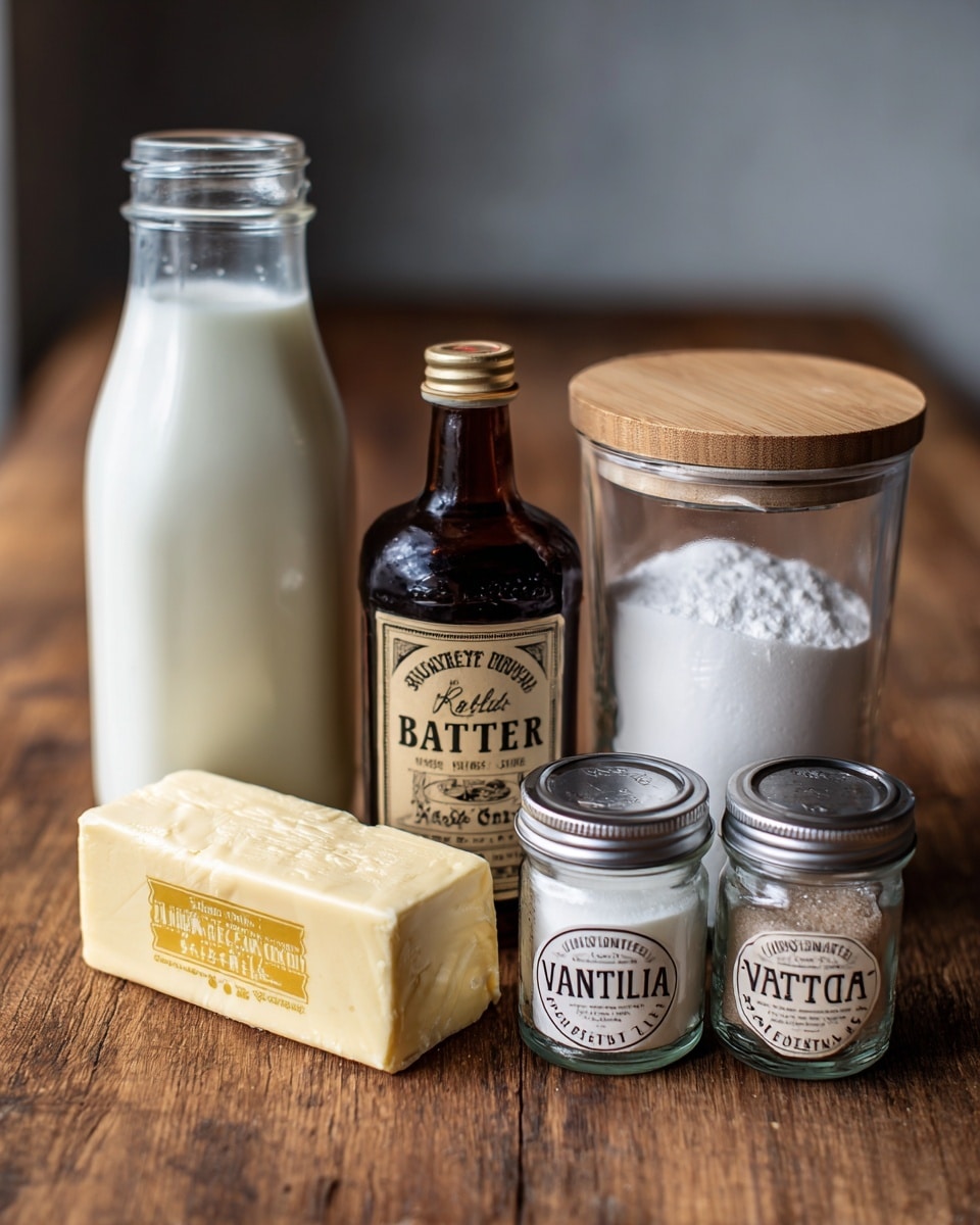 The image shows six baking ingredients neatly arranged on a wooden surface: a tall glass bottle filled with white buttermilk, a pale yellow wrapped stick of unsalted sweet cream butter, a clear glass jar with a wooden lid filled with white granulated sugar, a small dark brown bottle labeled vanilla extract, and two small clear glass jars with metal lids containing white salt and white baking soda. The labels on each container are simple and mostly black and white, providing a clean look. photo taken with an iphone --ar 4:5 --v 7