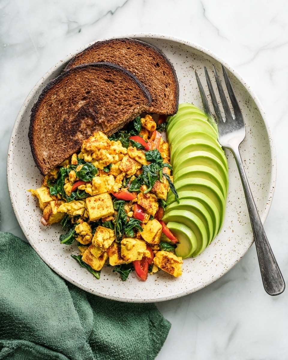 A white speckled plate holds a colorful stir fry with about three main layers: bright yellow tofu chunks with a soft texture form the base, scattered with shiny, dark green spinach leaves that add a fresh look, and vibrant red bell pepper pieces that are crisp and slightly glossy. A silver spoon rests on the left side of the plate, partly under the tofu mixture. In the bottom left corner, thin avocado slices with smooth green skin are arranged neatly in a small wooden bowl. To the top right, there are three slices of bread with two dark brown and one light tan slice stacked on a white marbled surface. A dark green cloth napkin sits near the plate's bottom right, and wooden pepper and salt grinders stand behind the plate, all on the white marbled surface. photo taken with an iphone --ar 4:5 --v 7