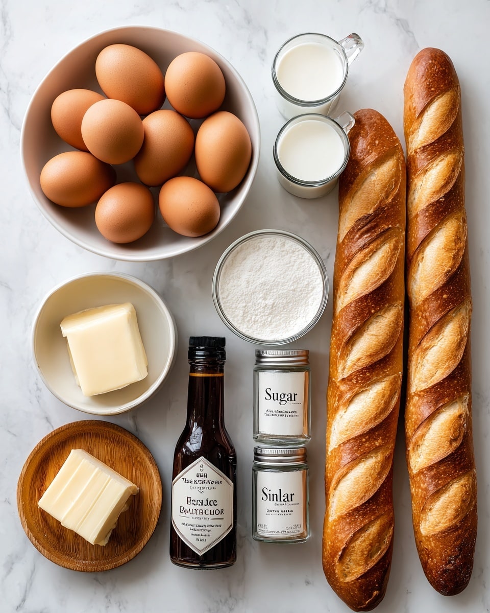 The image shows a top view of baking ingredients placed on a white marbled surface. On the right side, there are two long golden brown baguettes with diagonal slashes on the crust. To the left, there is a white bowl filled with seven brown eggs. Above the bowl, two clear glass measuring cups contain white liquids, likely milk and cream. Next to them, a small round wooden bowl holds a square piece of pale yellow butter. Two glass spice jars with silver lids labeled