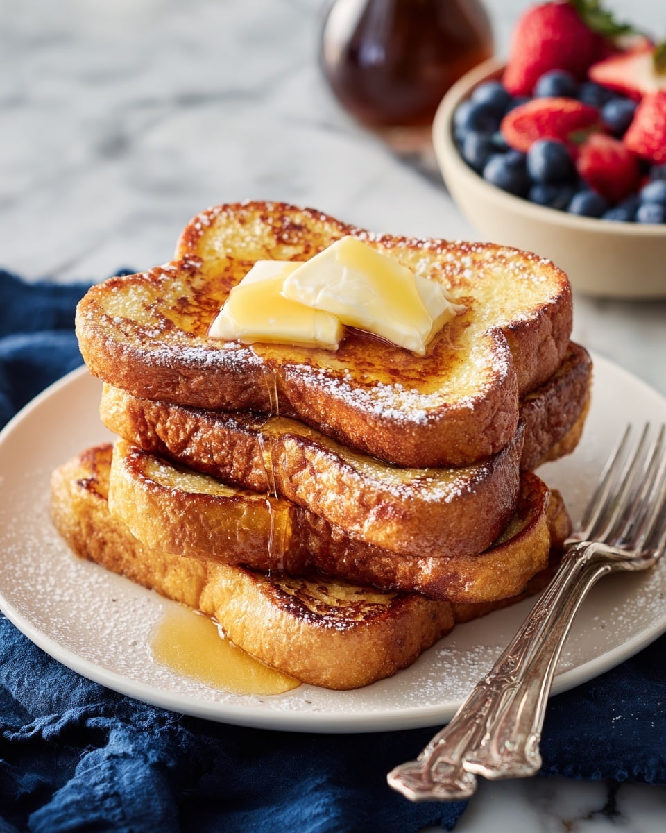 A white plate holds seven thick slices of golden brown French toast stacked in a loose pile. The top two slices each have a square of melting butter that glistens with syrup running down the sides. The toast is dusted lightly with powdered sugar, adding a soft white contrast to the warm caramel color. The plate sits on a dark blue cloth, and in the background, there is a bowl filled with red strawberries and dark blueberries on a white marbled surface. Two vintage silver forks rest beside the plate. Photo taken with an iphone --ar 4:5 --v 7