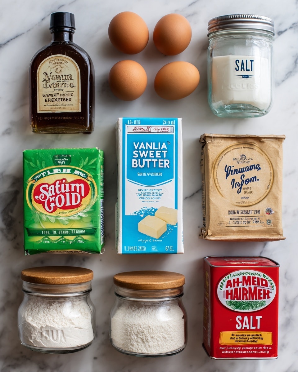 The image shows nine baking ingredients neatly arranged on a white marbled surface. At the top, three brown eggs are aligned in a row, from left to right. To the left of the eggs is a dark brown bottle labeled