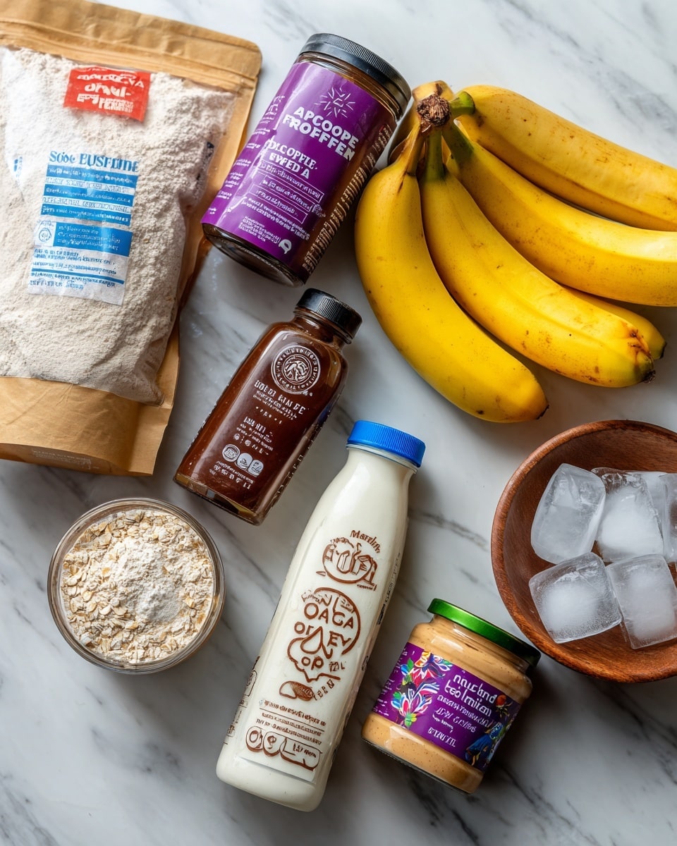 The image shows various baking ingredients arranged neatly on a white marbled surface. On the left, there is a beige bag of oat flour with blue and red text, and next to it, a purple container of unsweetened cocoa powder. In front of the cocoa powder, there is a small jar of espresso instant coffee. In the center, there is a baby blue bottle of extra creamy oat milk with white and cream-colored text and designs. To the right of this bottle, there is a white jug of organic maple syrup with a green cap and colorful label. Next to the maple syrup, there is a glass jar of creamy cashew butter with a gold lid and purple label. On the top right corner, two yellow bananas with brown spots lie beside a wooden bowl filled with ice cubes. The textures range from powdery to creamy to solid fruit and ice. Photo taken with an iphone --ar 4:5 --v 7