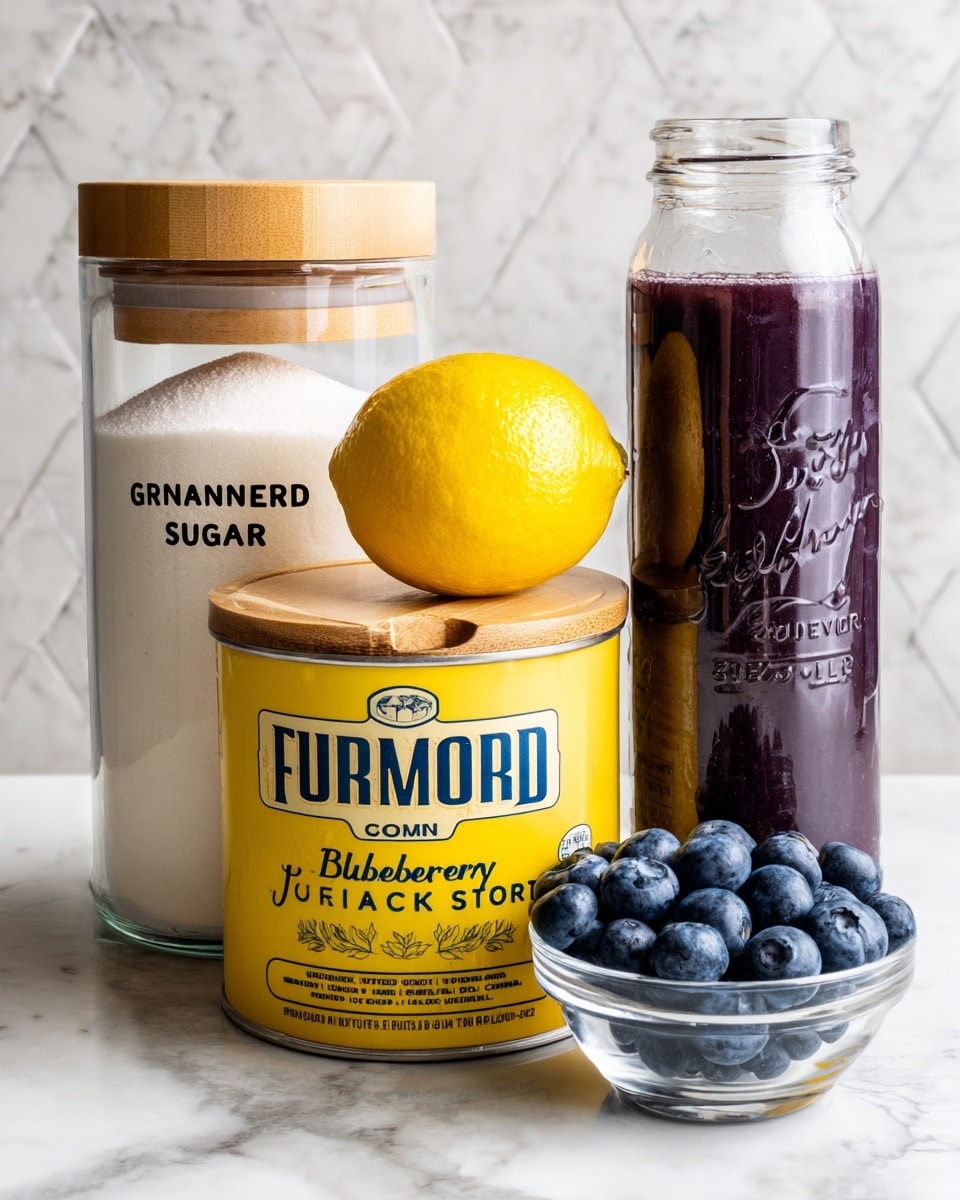 The image shows four main items placed side by side on a white marbled surface. On the left, there is a clear jar with a wooden lid labeled