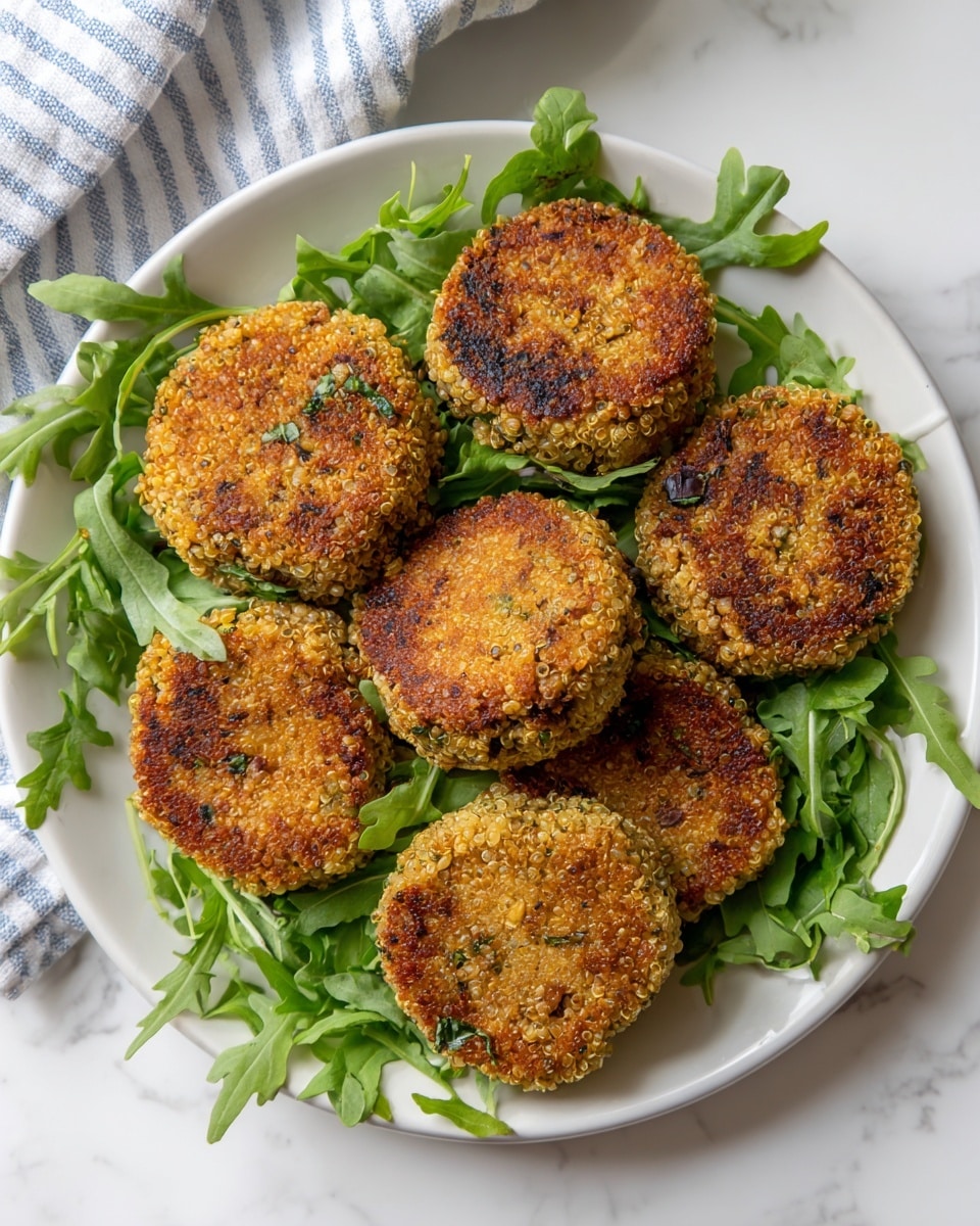 A round white plate on a white marbled surface holds eight small golden-brown quinoa patties arranged in a circle and slightly overlapping. Each patty has a coarse texture with cooked quinoa grains and small bits of reddish-purple onion visible. Fresh, bright green arugula leaves are scattered under and around the patties, adding a pop of color. The lighting is soft and natural, highlighting the crispy edges and textured surface of the patties. A soft green and white striped cloth is partially visible in the top left corner. photo taken with an iphone --ar 4:5 --v 7