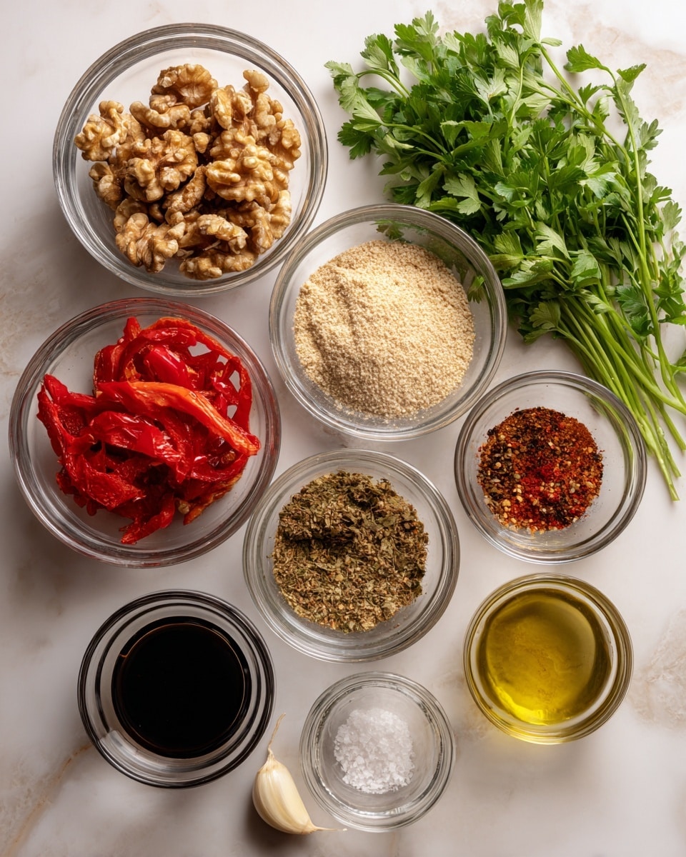 The image shows seven small clear glass bowls and a bunch of fresh green parsley on a white marbled surface. One bowl holds bright red roasted peppers with a soft texture, another is filled with light brown walnuts with rough, irregular shapes. A third bowl contains fine beige breadcrumbs, while a fourth has a dark, shiny soy sauce. There is a bowl with a mix of brown and red spices, including ground cumin and red pepper flakes, along with white salt. A small jar with light yellow olive oil is near the center, and a single peeled white garlic clove rests on the surface near the parsley. photo taken with an iphone --ar 4:5 --v 7