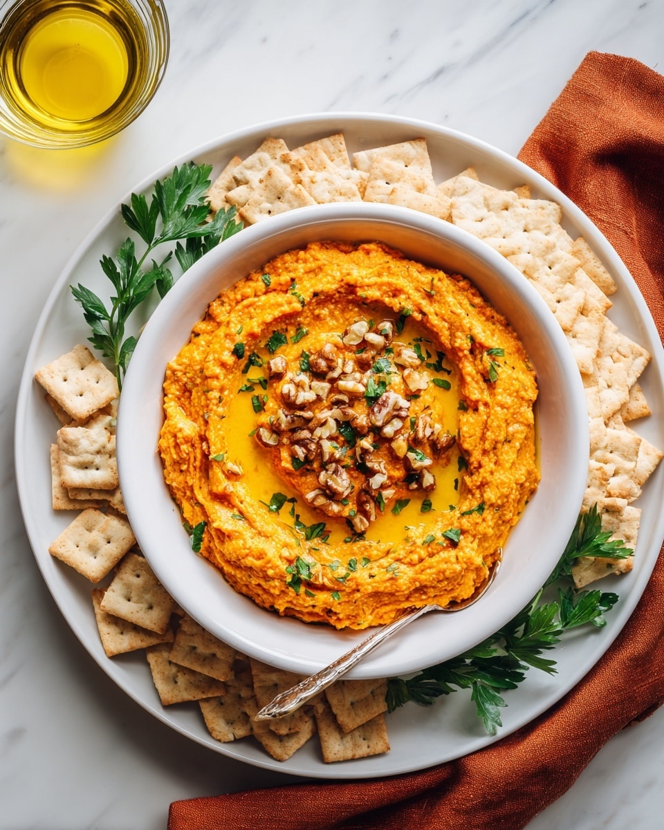 A top-down view of a white bowl filled with a thick, reddish-orange spread that has a coarse texture. The spread is garnished with chopped fresh green herbs, roughly chopped walnut pieces, and a drizzle of golden oil on top. The bowl sits in the center of a white plate, which is surrounded by square, light golden-brown crackers. The whole setting is placed on a white marbled surface, with a small glass bottle of olive oil visible to the side. photo taken with an iphone --ar 4:5 --v 7