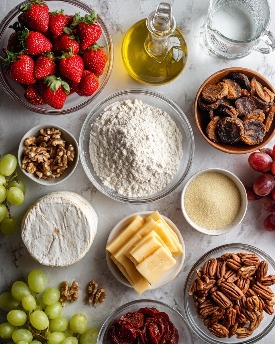 The image shows different clear glass bowls arranged on a white marbled surface, each containing various ingredients. From top left moving clockwise, there are bright red strawberries with green leaves in one bowl, a small glass bottle with golden olive oil, a clear measuring jug filled with water, a large bowl filled with white flour, a tiny bowl with fine white salt, a bowl of stacked sliced yellow and white cheese, a small round cheese wheel with a white rind, a bowl of brown walnuts, a bowl of red grapes, a bowl of green grapes, a bowl of brown pecans, and a bowl with round slices of dark pepperoni. In the center near the olive oil, there is a small bowl with beige granules that look like yeast. Photo taken with an iphone --ar 4:5 --v 7