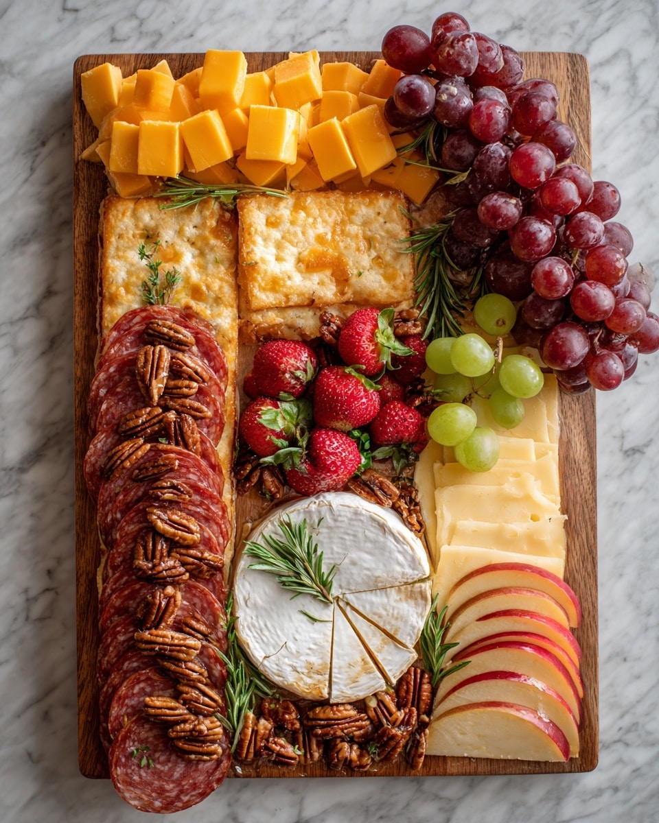 A rectangular flatbread base with a light golden color holds layers of colorful food. On the top left corner are bright yellow cheese slices stacked neatly. Below the cheese are thin slices of reddish-brown salami arranged in a slight curve. In the center-left is a round white cheese wheel with one wedge missing, surrounded by red strawberries and garnished with green rosemary sprigs. To the right of the salami and cheese are green grapes grouped near the top right corner. Below the grapes are dark red grapes. Strawberries and red apple slices with white flesh and red skin are placed near the bottom right and top left corners. Candied pecans are scattered over the flatbread, filling spaces between the fruits, cheese, and meat. The flatbread rests on a white marbled surface, and there is a wooden handle visible on the bottom edge. photo taken with an iphone --ar 4:5 --v 7