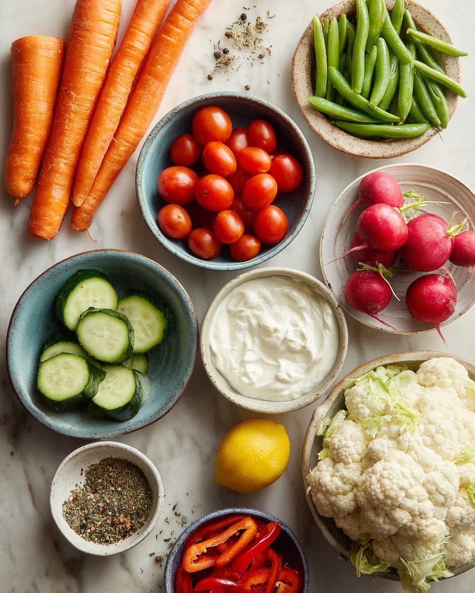 The image shows a white marbled surface with various fresh vegetables and ingredients arranged neatly – four orange carrots on the left, three green cucumbers below them, a bowl of bright red grape tomatoes next to the cucumbers, and a bowl of green snap peas above the tomatoes. To the right of the snap peas is a bowl of red radishes, some whole and some with the tops trimmed, and next to it is a whole yellow lemon. Below the lemon are two bowls of creamy white substances, one slightly thicker than the other, likely yogurt and sour cream. A large bowl of white cauliflower florets sits to the far right. In the bottom left corner is a smaller bowl with a mix of dried herbs and spices, and just above it, a bowl filled with several small red peppers. The photo is taken with an iphone --ar 4:5 --v 7