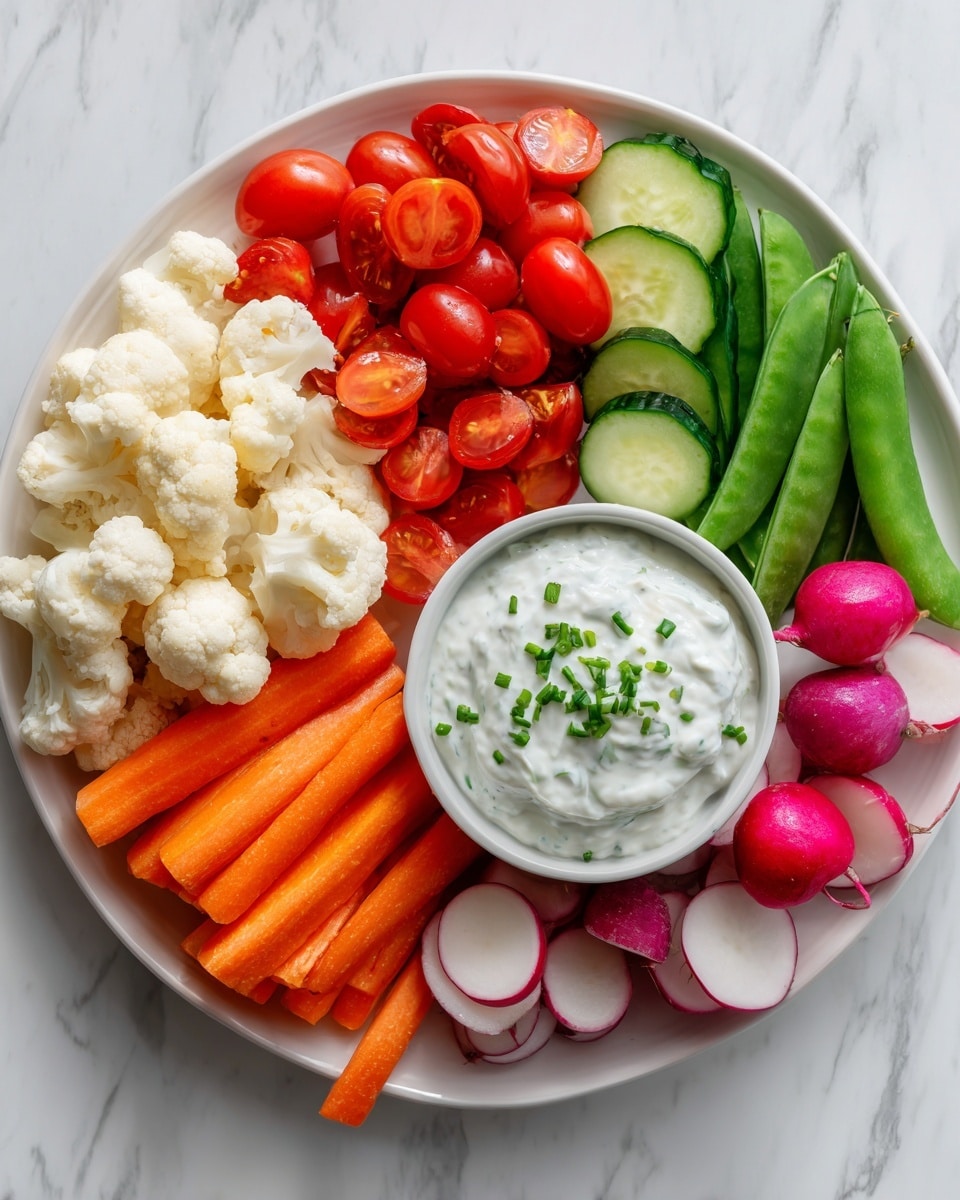 A white round plate with ridged edges holds a colorful vegetable platter arranged in layers: at the top left, a layer of white cauliflower florets; next to it, thick slices of green cucumber laid flat; beside the cucumber, small, round, bright red cherry tomatoes, some halved; continuing right, three small bright orange carrots placed side by side; below them, whole red radishes, some halved to show their white inside; finally, a layer of long green snap peas, some opened to reveal the peas inside. On the bottom right of the plate is a white bowl filled with thick white dip garnished with small green herbs. The plate sits on a white marbled surface with a folded pink cloth underneath the plate edge. Photo taken with an iphone --ar 4:5 --v 7