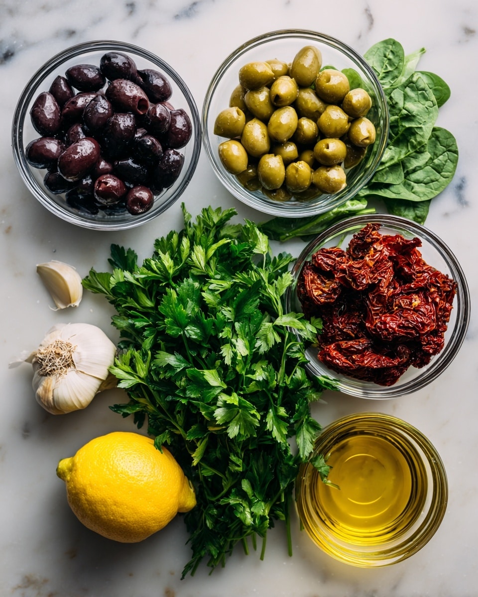 The image shows fresh ingredients laid out on a white marbled surface. There are two clear bowls, one on the top left filled with dark purple-black olives and one on the bottom left with green olives. Above the green olives lies a single small white garlic clove. In the center of the image, there are bunches of fresh green spinach and parsley placed close together. To the right of the herbs sits a whole yellow lemon, and above it, another clear bowl contains red sun-dried tomatoes. On the far right, there is a glass container filled with golden olive oil. The colors are vibrant and the textures vary from smooth olives to leafy greens, soft sun-dried tomatoes, and the shiny oil. photo taken with an iphone --ar 4:5 --v 7