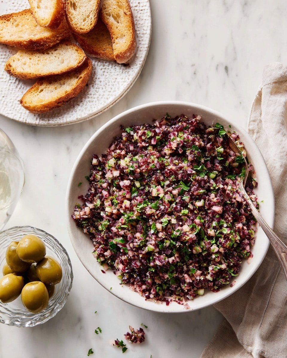 A white bowl filled with a finely chopped mix of dark purple olives, green olives, red sun-dried tomatoes, and fresh green herbs, giving a colorful, textured look. A silver spoon is resting inside the bowl, slightly scooping the mixture. To the right, a white plate holds several pieces of light brown toasted bread with a crunchy texture, and to the left, a clear glass bowl contains whole green olives. The setup is on a white marbled surface, with a soft beige cloth partially visible under the bowl. Photo taken with an iphone --ar 4:5 --v 7