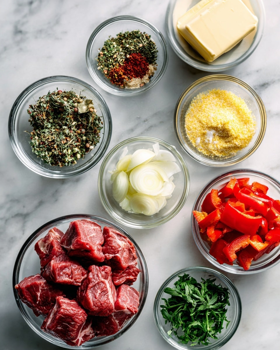 Several small clear glass bowls are arranged on a white marbled surface, each holding a different ingredient. On the lower left, the largest bowl contains chunks of raw red meat with visible marbling. Above it to the left, a small bowl holds a mixture of dried herbs and spices in green, red, and brown colors. Next to it, a medium-sized bowl is filled with yellowish granular seasoning. To its right, a very small bowl contains fine white salt. A medium-sized bowl on the upper right holds a stick of pale yellow butter. Below it, a small bowl has a quartered yellowish-white onion. On the bottom right, another small bowl holds bright red bell pepper pieces. At the center bottom, a small bowl contains green leafy herbs. The arrangement highlights the fresh and varied colors of the ingredients, with soft natural lighting and sharp focus. photo taken with an iphone --ar 4:5 --v 7