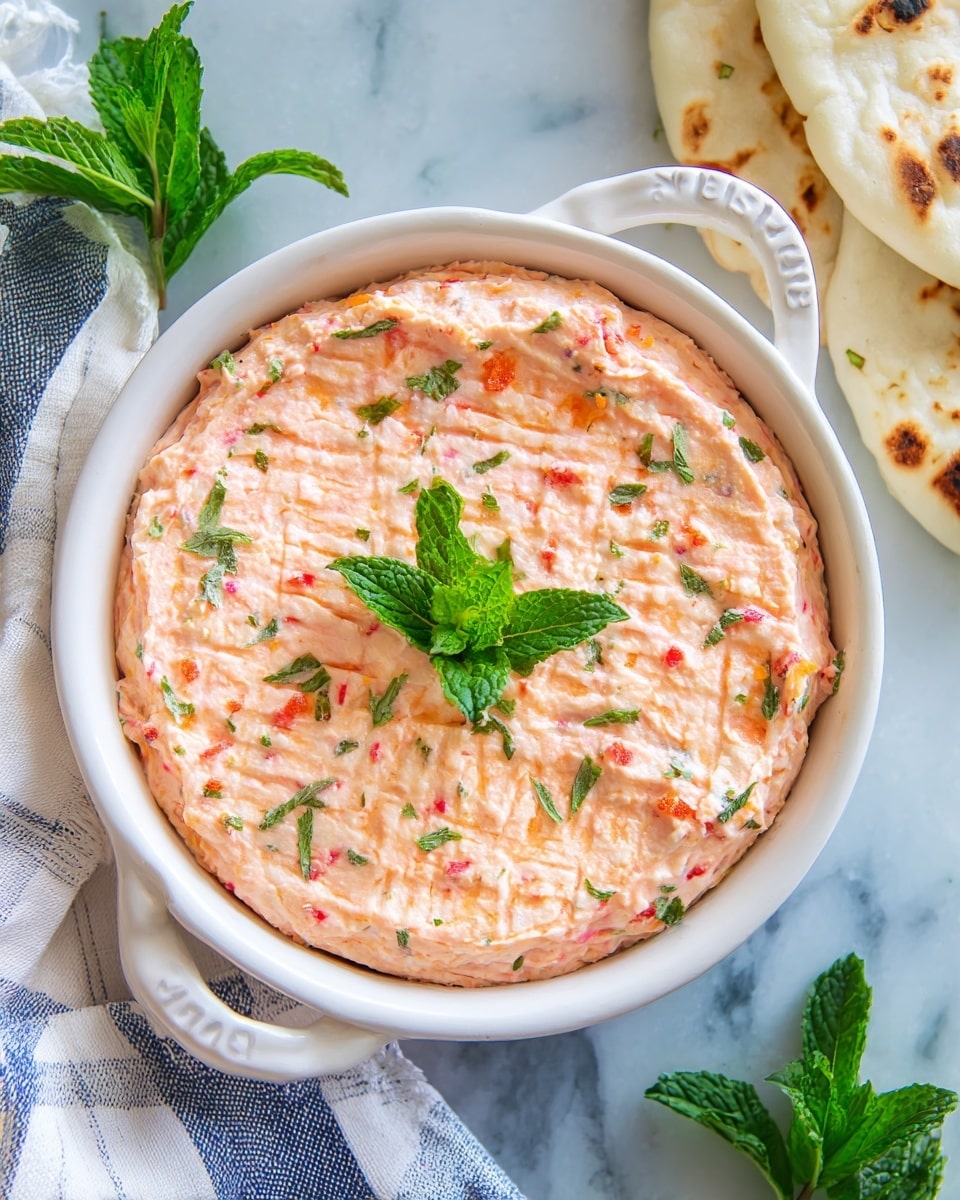 A round white ceramic dish filled with a smooth, reddish-brown spread that has visible small bits of herbs and red peppers mixed in. The spread is decorated with a pattern of straight, parallel lines running across the surface in two directions, forming a grid-like texture. A small bunch of fresh green mint leaves is placed at the center on top of the spread. The dish is set on a white marbled surface with a blue and white checkered cloth underneath, and several pieces of toasted pita bread are partially visible in the corner. A sprig of fresh mint lays next to the dish. photo taken with an iphone --ar 4:5 --v 7
