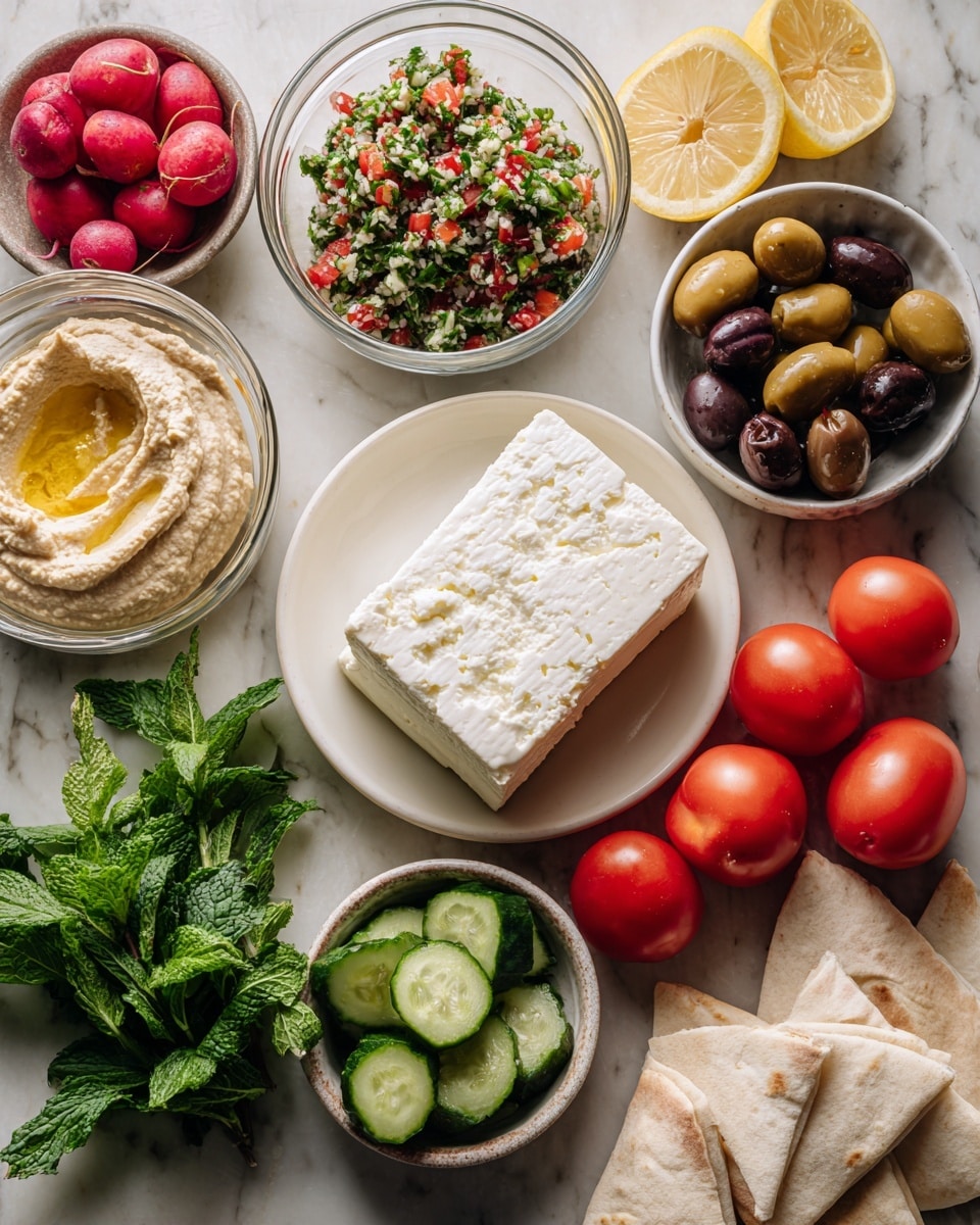 The image shows a variety of Mediterranean ingredients arranged on a white marbled surface. In the center, there is a white plate with a thick, white rectangular block of feta cheese. Surrounding it, there are small white bowls filled with different foods: one with finely chopped green and red tabbouleh, one with light beige hummus topped with a little olive oil, and another with a darker beige, textured baba ganoush. There are two clear glass bowls, one containing whole red radishes and the other with mixed black and green olives. To the right, there are three fresh red tomatoes, two dark green cucumbers, a small glass bowl with a few lemon wedges, and some white pita bread triangles stacked near fresh green mint leaves. photo taken with an iphone --ar 4:5 --v 7