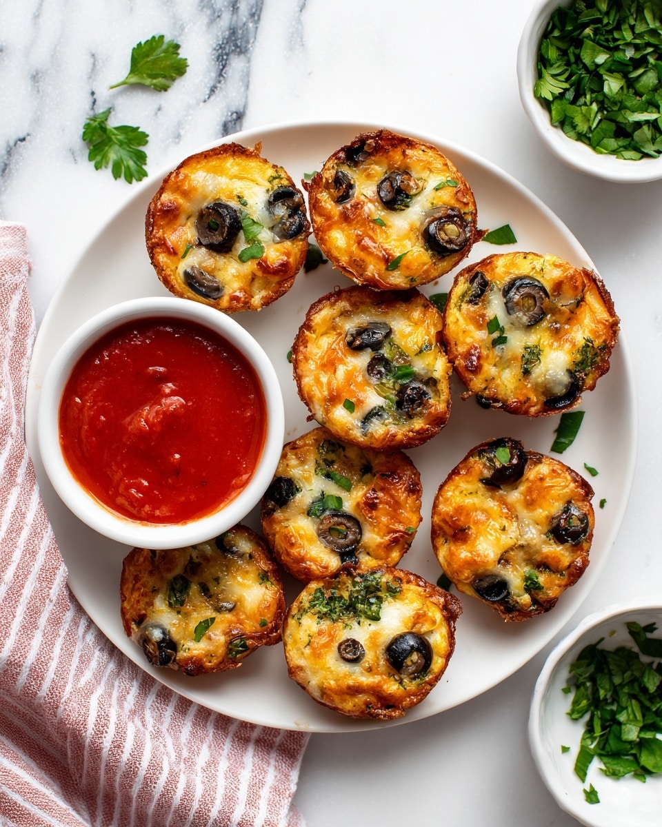 The image shows a white round plate filled with eleven small, bite-sized savory muffins that are golden brown on top with visible melted cheese, black olive slices, and bits of green herbs scattered throughout and on top. The muffins have a soft and slightly crispy texture with uneven, rustic shapes. In the center right of the plate, there is a small white bowl filled with red marinara sauce garnished with chopped green herbs. To the top right of the plate, there is another small white bowl containing fresh chopped green herbs. The plate and bowls are placed on a white marbled surface with a peach and white striped cloth partially visible on the left side. Photo taken with an iphone --ar 4:5 --v 7