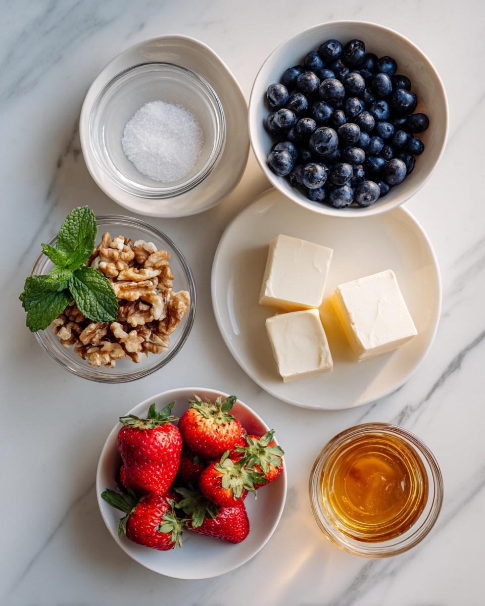 The image shows seven small bowls and plates on a white marbled surface, each containing different fresh ingredients. There is one white bowl full of dark blue blueberries, a small clear bowl with coarse white salt, a white plate holding two blocks of pale yellow butter, a white bowl with red strawberries, a clear bowl with green mint leaves, a clear bowl filled with chopped light brown walnuts, and a small, clear jar containing golden honey. All items are neatly arranged and evenly spaced in a flat lay style. Photo taken with an iphone --ar 4:5 --v 7