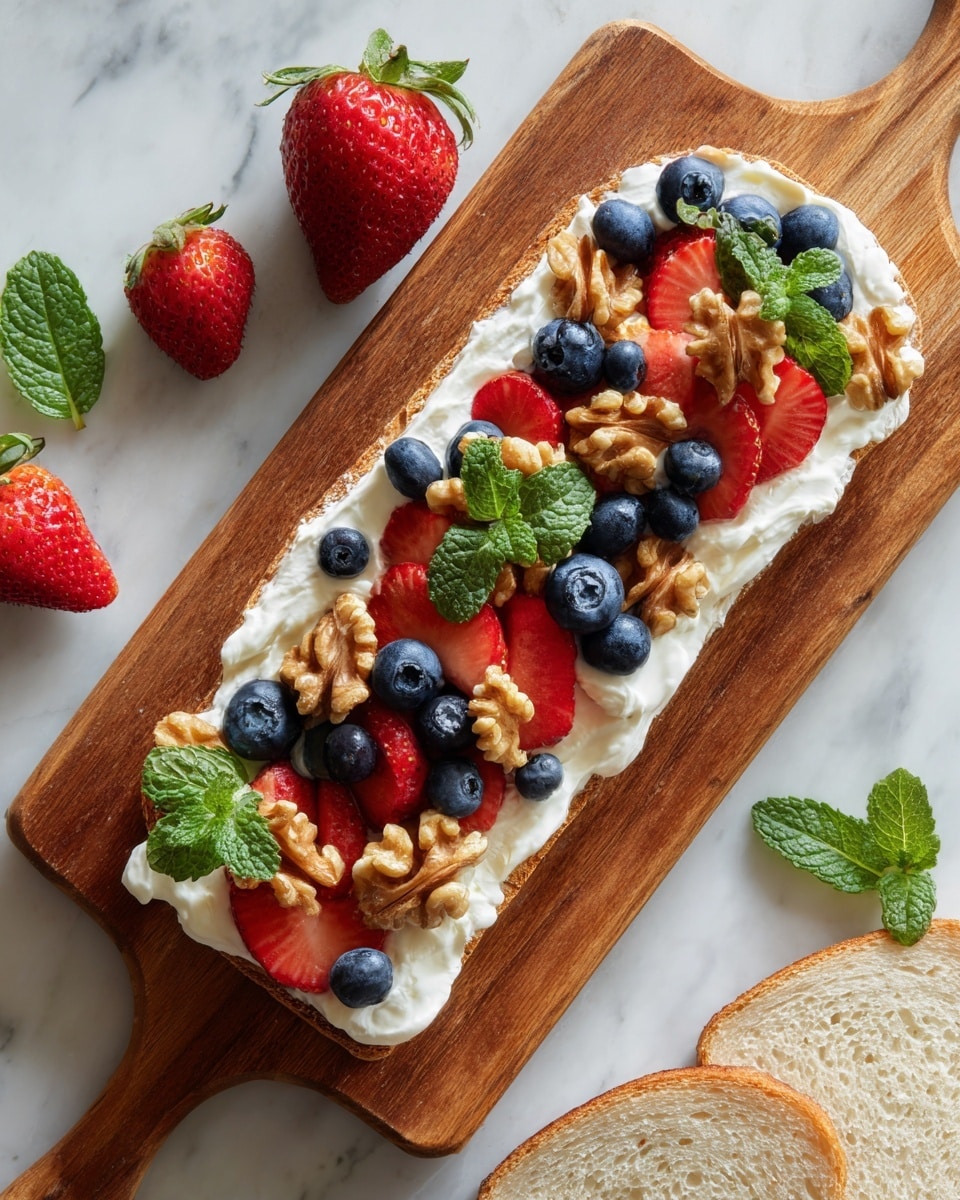 A wooden board on a white marbled surface holds a flat layer of creamy white spread unevenly spread with edges showing some texture, topped with bright red sliced strawberries, small round deep blue blueberries, and scattered light brown chopped walnuts. Fresh green mint leaves are placed around the fruits and nuts, adding color contrast and freshness. The toppings are spread evenly across the creamy base, creating a colorful, textured look. Two slices of white bread lie nearby on the white marbled surface. Photo taken with an iphone --ar 4:5 --v 7