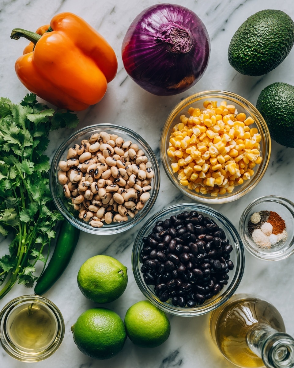 The image shows an overhead view of fresh ingredients arranged neatly on a white marbled surface. There are three clear glass bowls placed in a loose triangle shape: one bowl has black-eyed peas that are light brown with black spots, another bowl is filled with shiny black beans, and the third is full of bright yellow corn kernels. Surrounding the bowls are colorful fresh vegetables, including a vibrant orange bell pepper and a red bell pepper at the top left, a whole purple onion and a green jalapeño pepper below them. Two whole green limes and two dark green avocados sit to the upper right of the bowls. Nearby, a bunch of fresh green cilantro leaves add a pop of color. In addition, there is a small glass bowl with light brown and white spices, a small bowl of clear golden liquid, and a clear glass bottle of olive oil. The clean, organized layout emphasizes the freshness and variety of the ingredients. Photo taken with an iphone --ar 4:5 --v 7