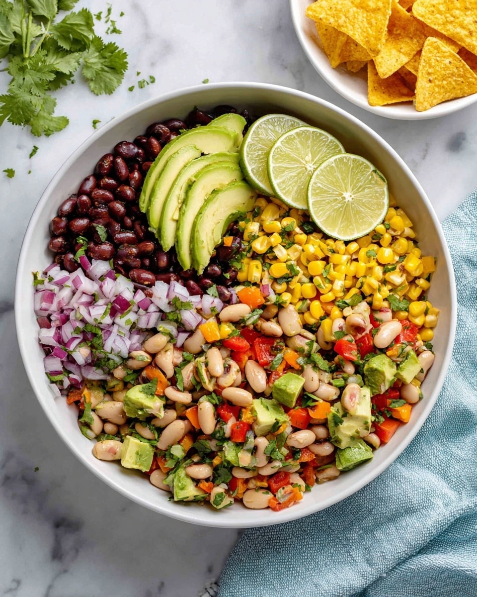 A large white bowl filled with a colorful mix of diced vegetables and beans. The salad has three lime slices spaced on top, bright green cilantro leaves scattered around, and a mix of black beans, white beans, yellow corn, orange and red diced peppers, and small purple onion pieces, all evenly mixed. The bowl is placed on a white marbled surface with a light blue cloth and some cilantro sprigs nearby. To the right, there is a white bowl filled with yellow tortilla chips, with one chip resting on the marbled surface. Photo taken with an iphone --ar 4:5 --v 7