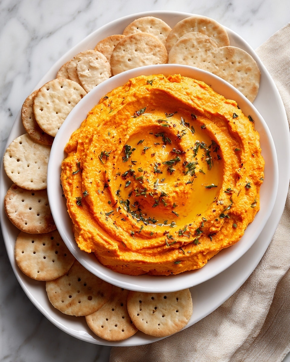 A white round plate on a white marbled surface holds a white bowl filled with a thick, smooth, orange dip topped with chopped green herbs and a swirl of oil. Around the bowl, there are several oval-shaped crackers, pale with toasted golden spots, neatly placed in a ring touching the bowl. A light-colored cloth is partly visible on the right side under the plate. Photo taken with an iphone --ar 4:5 --v 7