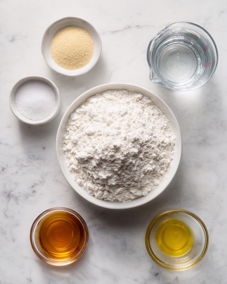 A white bowl filled with finely textured white flour is placed in the center on a white marbled surface. Surrounding it are five smaller containers: a small white bowl with light tan yeast granules on the top left, a small white bowl with white salt granules on the bottom left, a clear glass measuring cup with clear water on the top right, a small clear glass bowl with light golden yellow oil just below the water, and a small clear glass bowl with amber honey below the oil. The arrangement is neat, and the overall color palette is light and neutral. Photo taken with an iphone --ar 4:5 --v 7