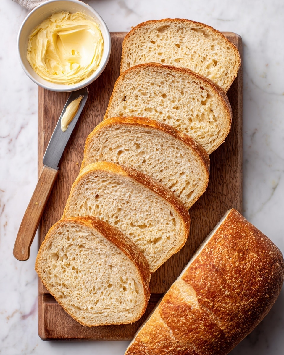 The image shows five slices of light brown bread with a soft, porous texture stacked slightly overlapped on a wooden cutting board. At the bottom right of the board, there is a larger piece of the bread loaf with a darker brown crust and a rough texture. Above the bread slices to the left, there is a small white bowl filled with smooth, pale yellow butter with a knife resting on its edge. The whole scene is set on a white marbled surface. photo taken with an iphone --ar 4:5 --v 7