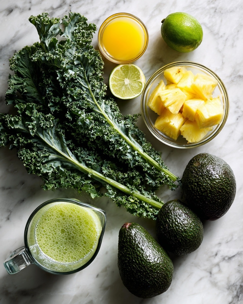 On a white marbled surface, there are several fresh ingredients arranged neatly: two dark green, bumpy-skinned avocados placed near the center right; a bright green lime positioned above them; a small clear glass bowl filled with yellow pineapple chunks sitting to the right; a bunch of curly, vivid green kale leaves lying in the center left; a small clear glass bowl with orange liquid near the top left; and a large clear glass measuring cup filled with pale greenish liquid located at the bottom left. The colors are fresh and natural with green and yellow hues dominating, showing a healthy and vibrant collection of ingredients, photo taken with an iphone --ar 4:5 --v 7