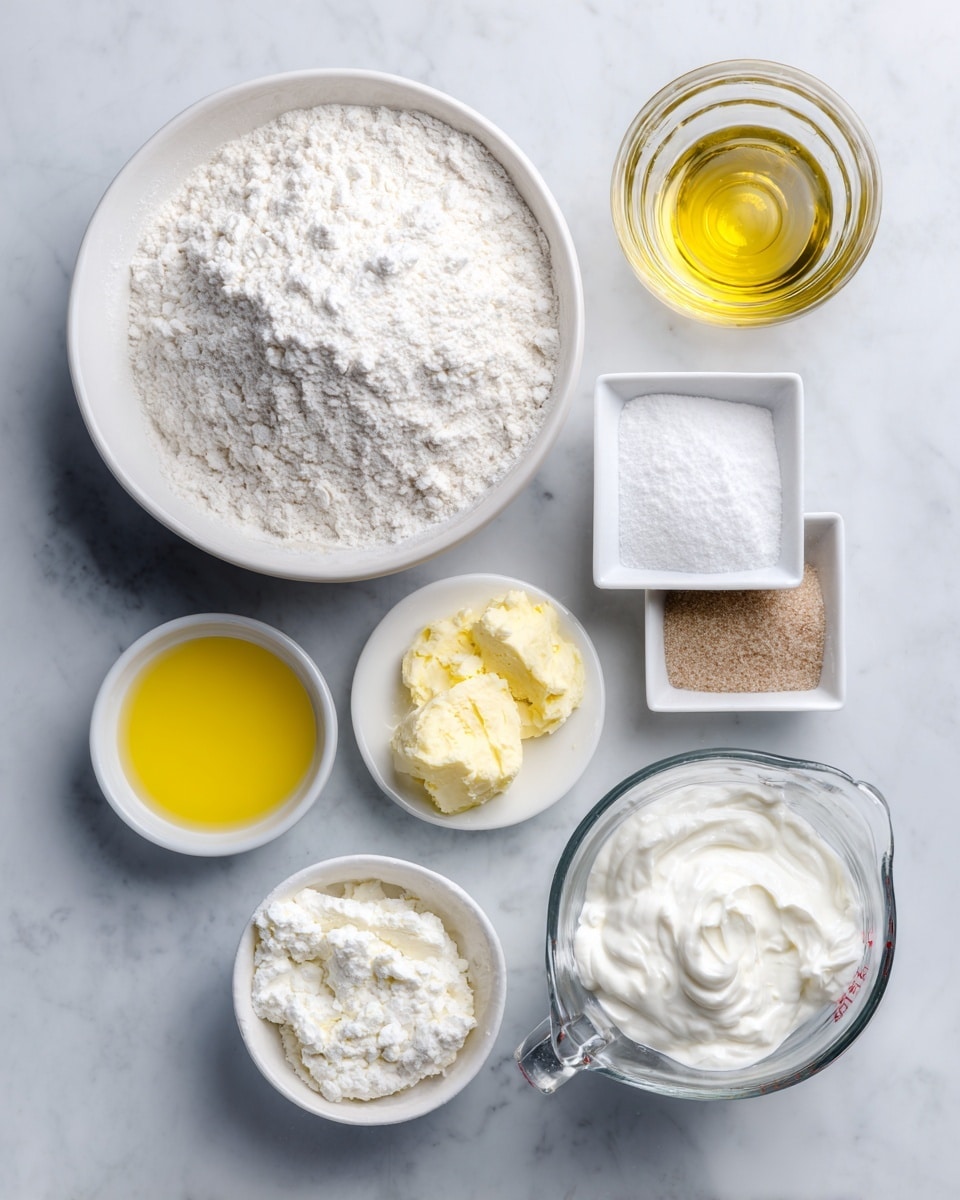 The image shows seven small bowls and one measuring cup with different ingredients arranged on a white marbled surface. In the top left, there is a large white bowl filled with white flour. To the right of it are three small white square bowls containing white salt, white baking powder, and light brown dry yeast from left to right. Below those, there is a small white round bowl with a yellow melted butter-like liquid and another white round bowl filled with thick white yogurt or sour cream. Finally, on the far right, there is a clear glass measuring cup filled with water and above it, a small glass bowl with yellow oil. The arrangement creates a neat and clean ingredient layout. photo taken with an iphone --ar 4:5 --v 7