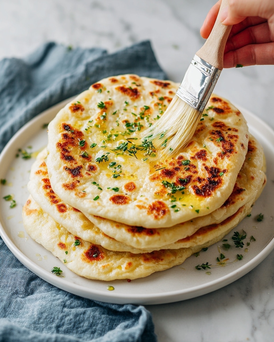 A stack of four round flatbreads with golden-brown spots is placed in a white bowl on a white marbled surface. The flatbreads are light yellow with some darker toasted areas and sprinkled with small green herb bits. A wooden brush held by a woman's hand is spreading melted butter or oil on the top flatbread, adding a shiny layer. A soft blue cloth is partly visible on the side. photo taken with an iphone --ar 4:5 --v 7