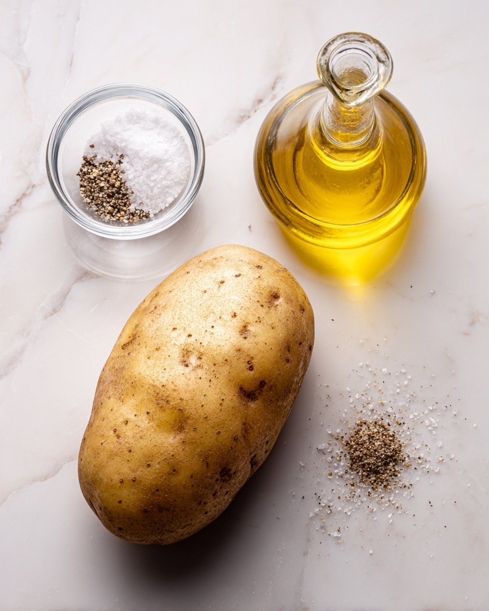 A large, light brown potato with rough skin lies on a white marbled surface next to a small clear glass bowl with coarse salt and crushed black pepper, and a small glass bottle with golden-yellow oil that has a narrow spout. The potato shows natural spots and marks, and the items are spaced apart clearly with soft, natural lighting. photo taken with an iphone --ar 4:5 --v 7