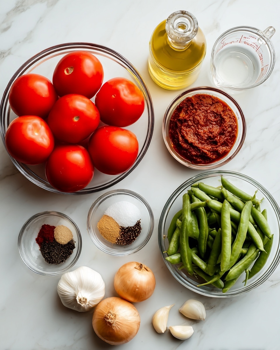 The image shows several clear glass bowls and a small glass bottle arranged on a white marbled surface. On the left, a large glass bowl contains seven whole red tomatoes with smooth, shiny skin. Next to it, a smaller glass bowl holds four separate piles of spices in brown, black, white, and tan colors. Above that is a bowl with a rich, dark red thick paste. A bottle with a pale yellow liquid, likely oil, sits toward the top right. Beside these, the largest glass bowl is filled with fresh green flat beans that have a smooth, glossy texture. Below the tomatoes and spices, two whole pale yellow onions rest near three peeled garlic cloves in a tiny glass bowl. There is also a clear glass measuring cup with some clear liquid. Everything is placed neatly on the white marbled background. photo taken with an iphone --ar 4:5 --v 7