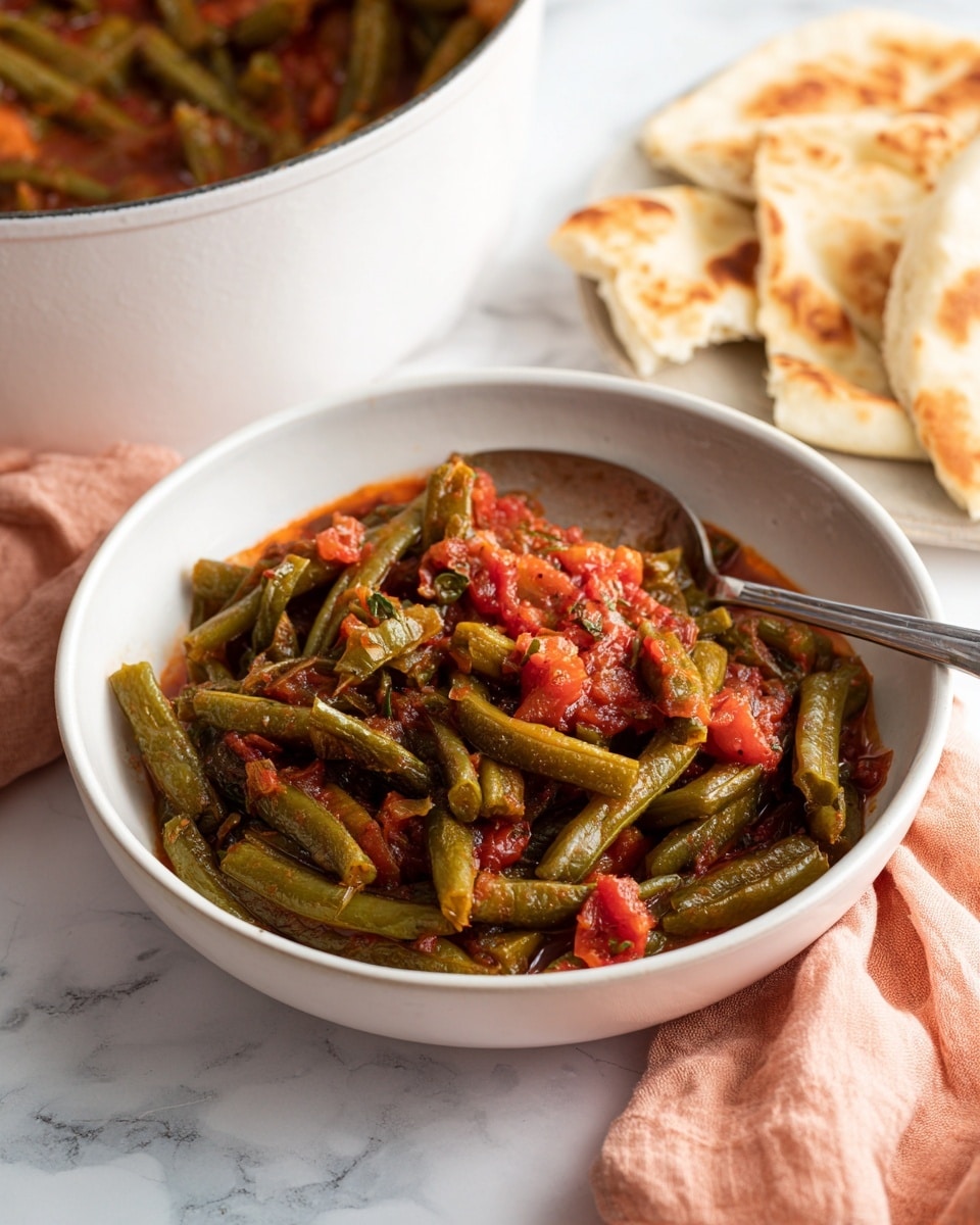 A white bowl holds a stew with two main layers: large, flat green vegetable pieces and a thick red-orange tomato sauce mixed with small diced onions and spices. The sauce coats the green pieces evenly, giving a slightly shiny texture. A silver spoon rests inside the bowl on the right side, with the handle leaning out. To the right of the bowl, there are folded light beige flatbreads with some brown spots. On the left side, an orange cloth napkin adds a soft texture. The background is a white marbled surface. In the upper back, part of a larger pot containing more stew is visible. photo taken with an iphone --ar 4:5 --v 7
