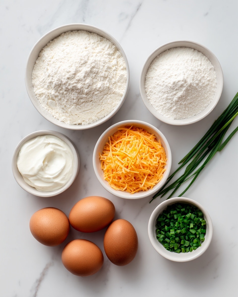 The image shows six white dishes on a white marbled surface arranged in two rows with three dishes each. The top row from left to right holds a large bowl filled with white flour with a soft, powdery texture, a small bowl containing a white powder mix of baking ingredients, and a small bowl filled with bright orange shredded cheese with thin, fine strands. The bottom row from left to right holds a small bowl with thick white sour cream, three brown eggs with smooth shells sitting close together, and a small bowl of chopped green chives with a fresh and slightly rough texture. The composition is neat and evenly spaced, all on a bright white marbled background. photo taken with an iphone --ar 4:5 --v 7