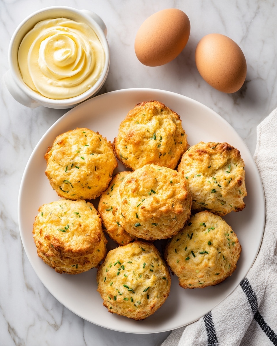 Seven round golden biscuits with specks of green herbs are arranged in a circle on a white plate with a thin brown rim. The biscuits are slightly bumpy and have a shiny, baked texture with crunchy, toasted edges. To the top left of the plate is a small white bowl filled with swirled, creamy yellow butter and a silver butter knife. On the right side of the scene, three brown eggs are casually placed on a white marbled surface, with a black and white checked cloth napkin partially visible at the bottom right corner. photo taken with an iphone --ar 4:5 --v 7
