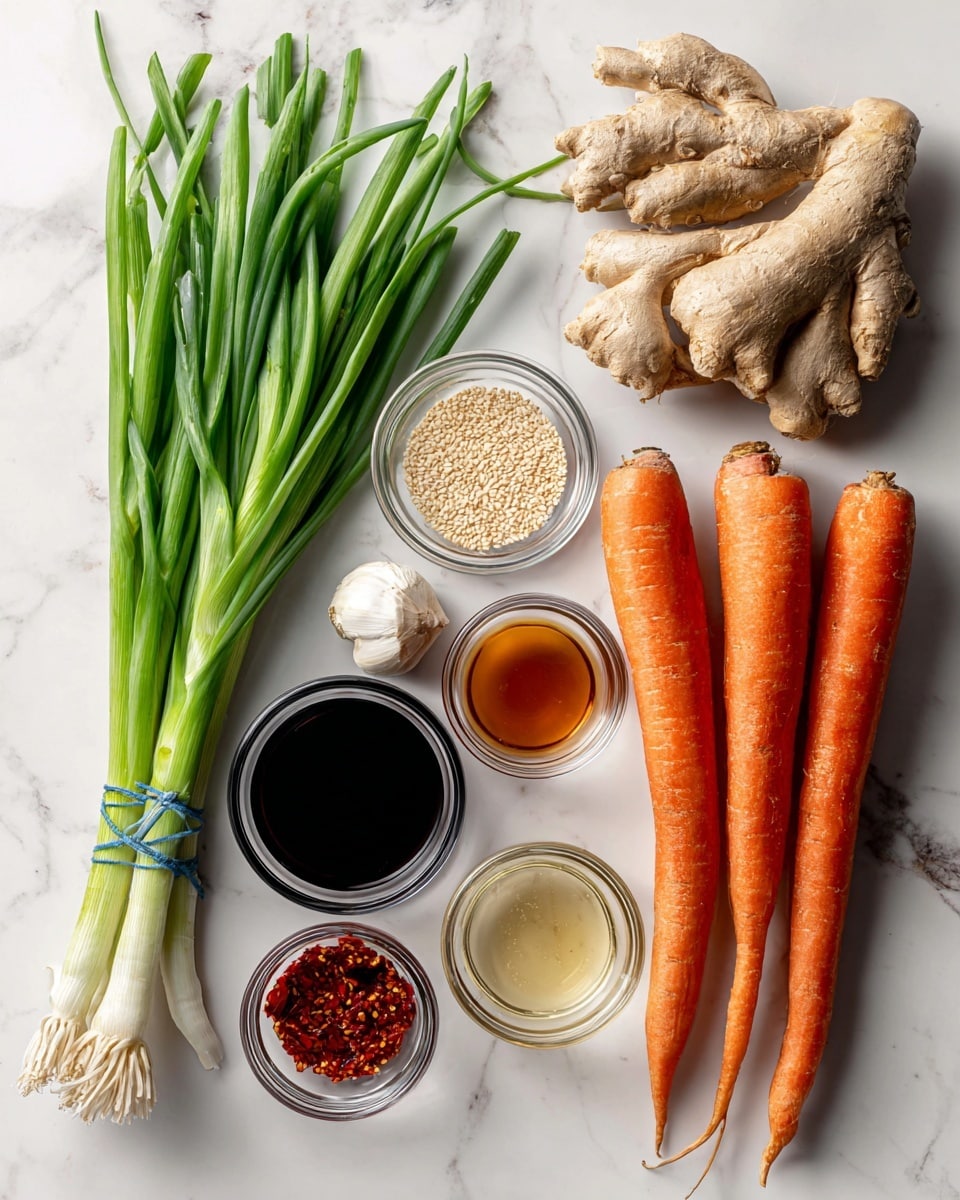 The image shows fresh ingredients laid out on a white marbled surface. On the left, there is a bunch of green onions with long green leaves and white bases tied with a blue band. Near the center, there are six small glass bowls arranged in a loose circle: one with soy sauce colored dark brown, one with sesame seeds light beige, one with a light golden syrup, one with clear liquid, one with red chili flakes, and one with none of these liquids but beside them. A piece of ginger root, light tan and knobby, is placed above the bowls. There is a single garlic clove, white and smooth, next to the ginger. On the right side of the image, there are four whole carrots with bright orange color and rough skin, all pointing downward. The setup looks clean and organized, ready for cooking. Photo taken with an iphone --ar 4:5 --v 7