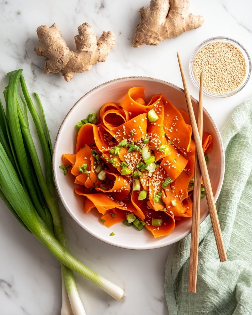 The image shows a white bowl filled with thin, wide orange carrot ribbons softly curled and layered across the bowl. Scattered over the carrot ribbons are small green slices of spring onions and tiny pale sesame seeds. Resting on the edge of the bowl are light wooden chopsticks. The bowl is set on a white marbled surface alongside a light green cloth napkin, a small glass bowl of sesame seeds, a fresh light brown piece of ginger, and green spring onion stalks. The overall look is fresh, simple, and colorful. photo taken with an iphone --ar 4:5 --v 7