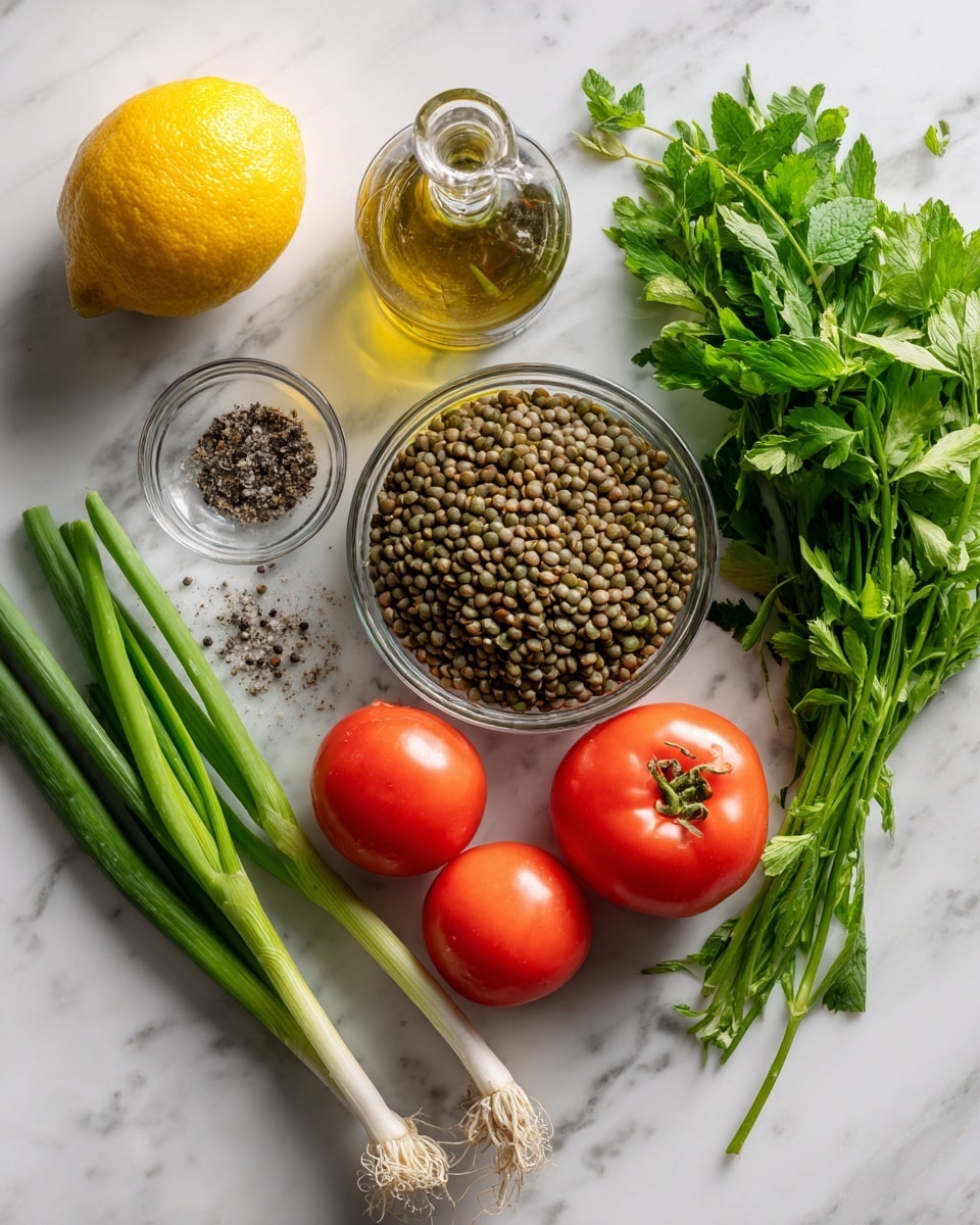 A top-down view of ingredients arranged neatly on a white marbled surface include a glass bowl filled with green lentils in the middle, two whole red tomatoes placed below the bowl, and a whole yellow lemon on the left. Nearby, two green onions with white roots and green shoots lie sideways. Fresh green herbs, including a large bunch of mint and a bunch of curly parsley, are spread to the right and above the lentils. A small clear glass bowl with a mix of black pepper and salt and a bottle of olive oil with a pour spout complete the setup. photo taken with an iphone --ar 4:5 --v 7
